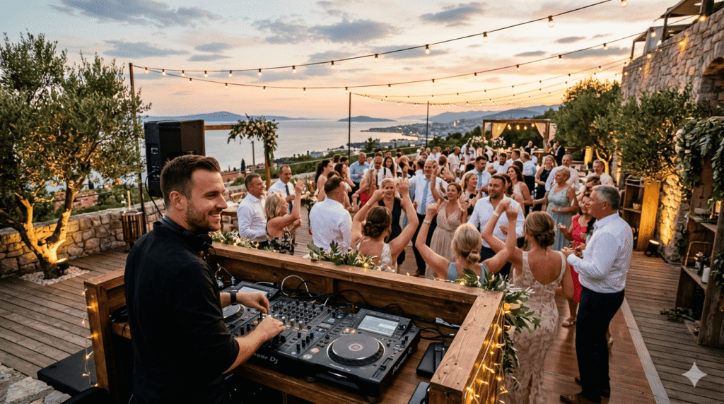 vjenčanje na otvorenom u nekom kvarnerskom kraju, dj pušta muziku a plesni podij je pun i ljudi plešu sa rukama u zraku većine